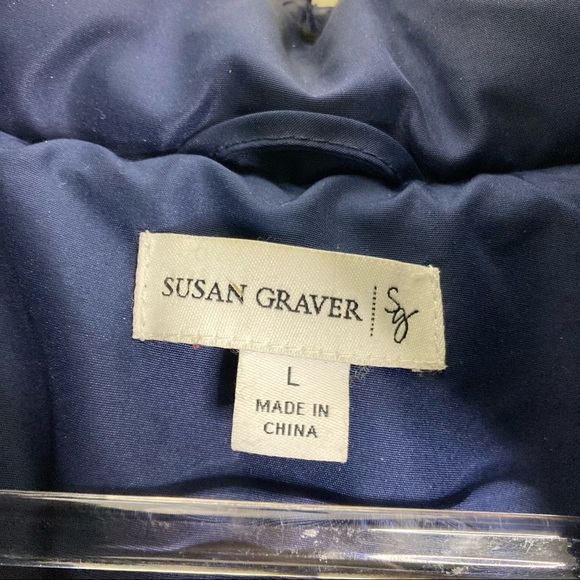 Susan Graver | Navy Blue Puffer Coat w/Black Fur Hood L - Picture 4 of 9